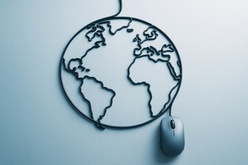 Fototapete - Computer mouse cord forming world map symbolizing global internet connection and digital communication concept on light blue background.