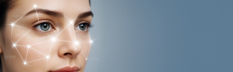 Aufkleber - Woman's face with biometric facial recognition light grid pattern and binary code on blue technology background for innovation concept poster.