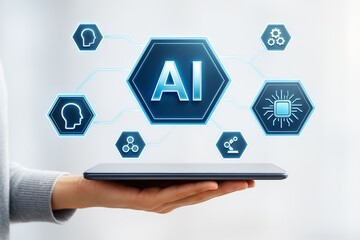 Aufkleber - Artificial intelligence icons floating above tablet in a futuristic tech concept on light background with glowing blue interface graphics.