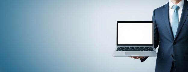 Aufkleber - Businessman presenting laptop with blank screen on blue background for advertising or technology promotion mockup template concept.