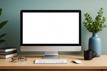 Aufkleber - Minimal workspace with blank computer screen on wooden desk, surrounded by decor, books, and accessories in modern setting. Ai generative.