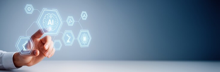 Aufkleber - Human hand interacting with futuristic artificial intelligence interface with icons on a clean blue background for innovation or tech banner template.