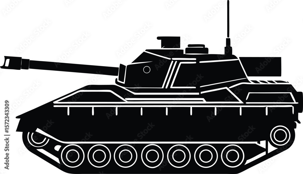 Vector art of a black and white silhouette of a tank, a powerful ...