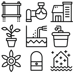 Poster - Black and white line art icons depicting various objects and concepts plant building