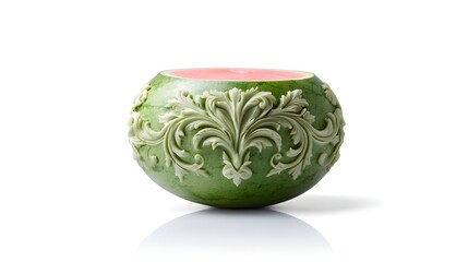 Poster - carved watermelon with radial floral design, isolated on white, negative space for text use.