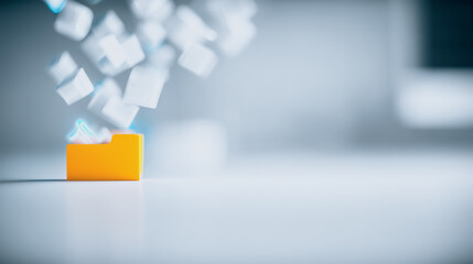 Fototapete - Digital Information Cascade: Abstract representation of data transfer and information flow, where digital cubes cascade from a vibrant folder, suggesting data organization and digital transformation.