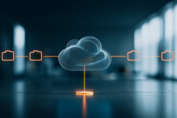 Fototapete - Cloud Computing Network: A digital illustration depicting a cloud server connected to multiple storage devices, symbolizing data sharing and cloud-based storage solutions.