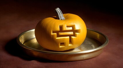 Poster - pumpkin carved in complex geometric floral design, placed inside round golden tray.