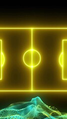 Poster - Neon yellow soccer field animation over blue and yellow digital waveforms