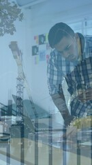 Poster - Animation of financial data processing over diverse business people in office and cityscape