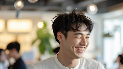 Poster - A man is smiling and laughing in a restaurant. Scene is happy and cheerful