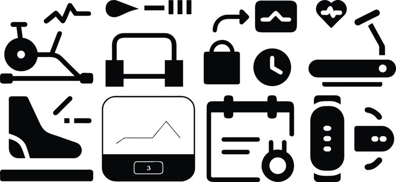 Vector art of a collection of fitness icons depicts various workout equipment and health tracking devices isolated on transparent background.
