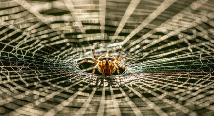 Macro shot of a European garden spider on its intricate web illuminated by sunlight creating a detailed natural pattern