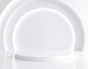 Poster - Minimalist architectural display with circular elements studio setting photography clean white environment wide angle modern aesthetic