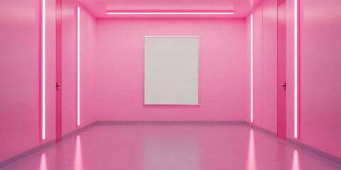 Aufkleber - Pink hall with white-framed art and neon lights, creating a vibrant, modern look. Minimalist design. Perfect for art displays, retail, or photos.