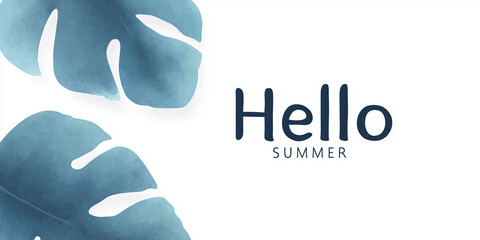 Aufkleber - Watercolor illustration featuring tropical leaves in blue tones with a cheerful greeting saying Hello Summer, creating a vibrant and inviting seasonal atmosphere for design projects