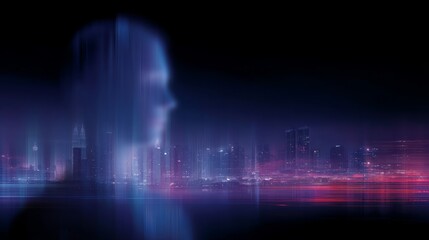 Aufkleber - A silhouette of a human figure blends with a futuristic cityscape. The deep blues and vibrant pinks create a dynamic atmosphere. Ideal for technology or urban themes. AI.