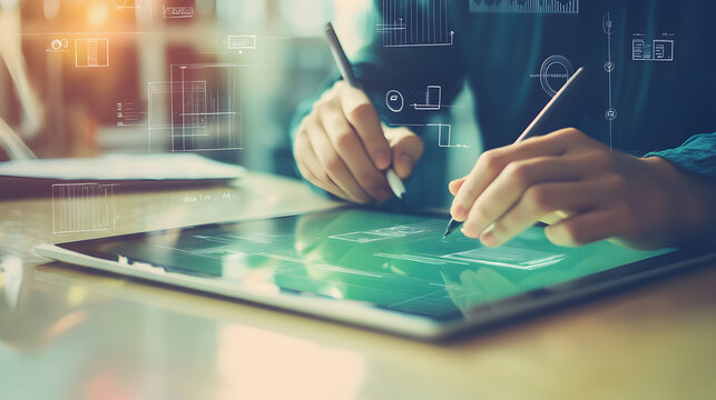 Person using digital tablet for architectural drafting and futuristic design concepts