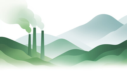 Poster - Abstract illustration of green hills with layered mountains and smokestacks emitting vapor, symbolizing industrial impact on nature and environmental concerns in a serene landscape