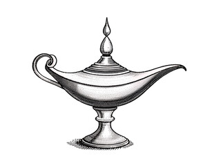 Poster - A detailed monochrome drawing of a genie lamp with a curved handle on a black background on transparent background