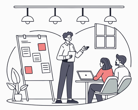 Business presentation with people around a table and a flipchart against a white background