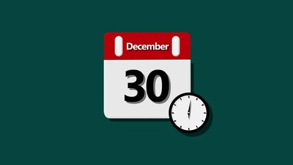 Fototapete -  Calendar animation with December month. calendar - December 30 icon isolated vector sign symbol and cyan color background.  calendar icon animation revealing December 30 on a black background