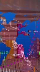 Poster - Animation of financial and statistical data processing over world map against grey background