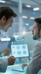 Poster - Scientific Collaboration: Two scientists in lab coats are immersed in an animated discussion in a modern, high-tech laboratory. They study a holographic projection.