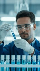 Poster - Scientific Precision: A focused scientist, clad in lab attire, meticulously examines a test tube filled with a vibrant blue liquid. The scene, brimming with the potential of discovery and innovation.