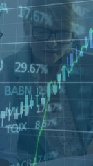 Poster - Animation of financial data processing over two diverse businessman and businesswoman discussing