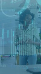 Poster - Animation of statistics and data processing over businesswoman using laptop