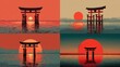 © Permata - Four variations of a serene sunset scene featuring a Japanese gate over water