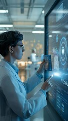Poster - Laboratory's Exploration: A determined laboratory scientist navigates intricate data on a futuristic interactive screen, bathed in the cool glow of innovation.