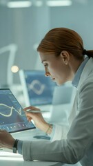 Poster - Scientist Analyzing Data: A focused female scientist meticulously analyzes data displayed on a digital tablet, showcasing dedication and precision in a modern laboratory setting.