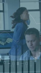Poster - Animation of statistics and financial data processing over business people using computer in office