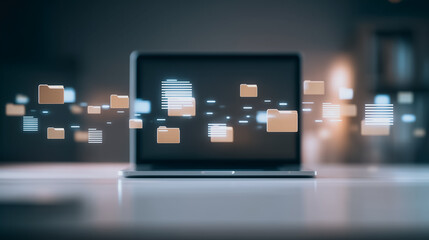 Fototapete - Data Transfer on Laptop: A sleek laptop displays a dynamic stream of data files transferring across its screen, symbolizing seamless connectivity and efficient data management.