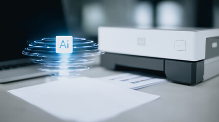 Fototapete - AI Printing: A conceptual shot of a modern printer integrated with advanced AI capabilities. the printer effortlessly produces documents, highlighting the power of artificial intelligence.