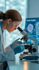 Poster - Microscopic Marvel: A dedicated scientist peers intently through a microscope, deeply engrossed in intricate research. With a backdrop of high-tech equipment and focused work.