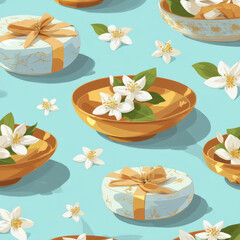 Poster - Seamless Pattern Featuring Jasmine Flowers in Elegant Bowls on a Vibrant Aqua Background