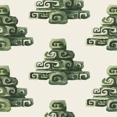 Poster - Lanna Inspired Seamless Pattern with Swirling Symbols in Green Tones for Elegant Textile and Decor Design
