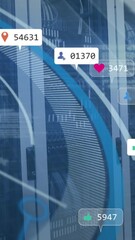 Poster - Animation of interface with data processing and social media icons floating over server room