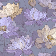 Poster - Elegant Seamless Pattern Featuring Delicate Lotus Blossom Outlines in Soft Pastel Shades for Textile Design