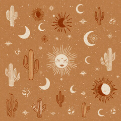 Poster - Minimal Seamless Pattern Featuring Desert Suns, Moons, and Cacti on a Warm Earthy Background