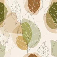 Poster - Seamless Minimalist Kanok Pattern Featuring Delicate Lines and Leaf Designs in Soft Earthy Tones for Modern Interiors