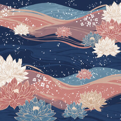 Poster - Modern Thai Batik Seamless Abstract Pattern with Beautiful Lotus Flowers and Flowing Waves in Elegant Colors