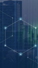 Poster - A digitally generated animation of a network of connections with glowing spots over a cityscape