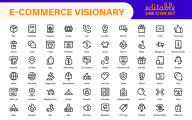 Poster - E-Commerce web icon collection in line design. Online store, digital marketing, product review, shopping bag, discounts, order tracking, mobile checkout. Vector illustrations.