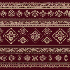 Poster - Seamless Geometric Pattern with Intricate Borders on Deep Red Background for Textiles and Design Projects