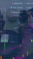 Poster - Animation of graphs, trading boards, high angle view of diverse coworkers sharing ideas in office