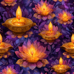 Poster - Seamless Pattern of Glowing Oil Lamps with Flames Surrounded by Vibrant Floral Elements for Creative Designs
